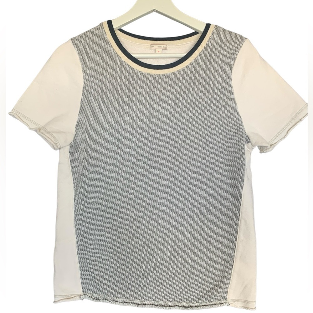 Gap Knit T-Shirt Top Short Sleeve Sweat Shirt Crew Neck Knit Panel Navy/Beige XS